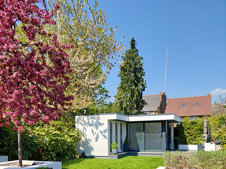 Rendered Garden office with storage in London
